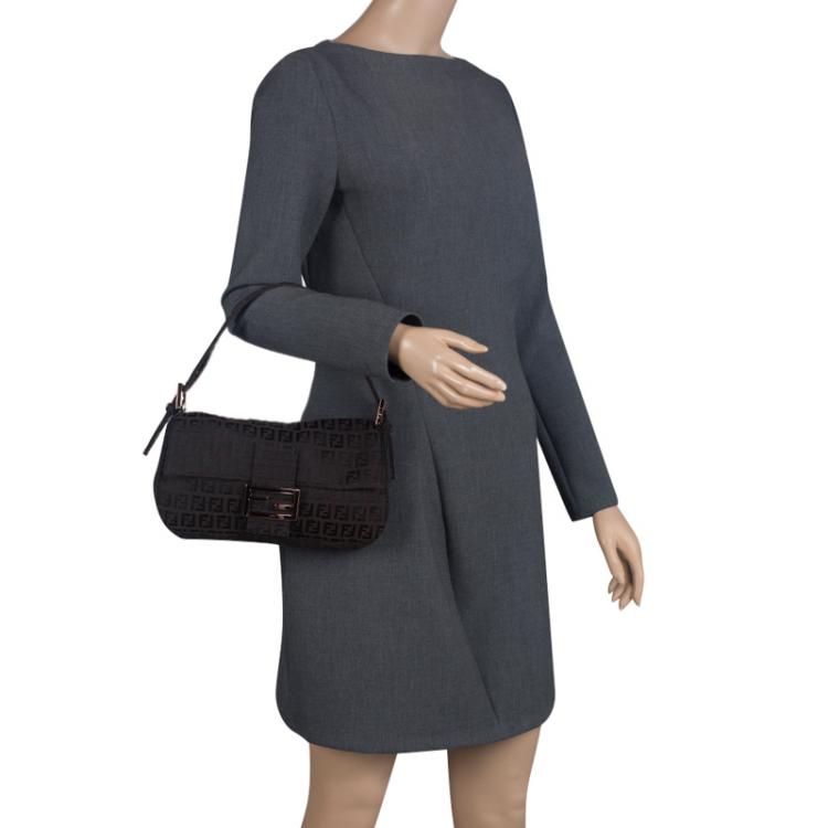 Pre Owned Fendi Dark Brown Zucchino Canvas Baguette Shoulder Bag
