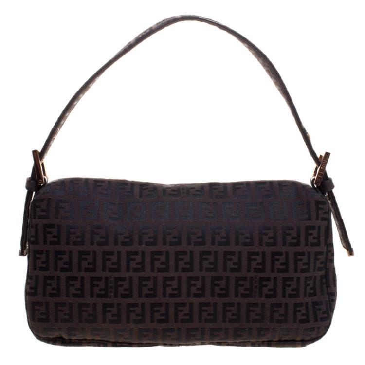 Pre Owned Fendi Dark Brown Zucchino Canvas Baguette Shoulder Bag
