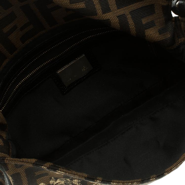 Pre Owned Fendi Tobacco/Black Zucca Canvas and Lizard Trim Baguette Shoulder Bag