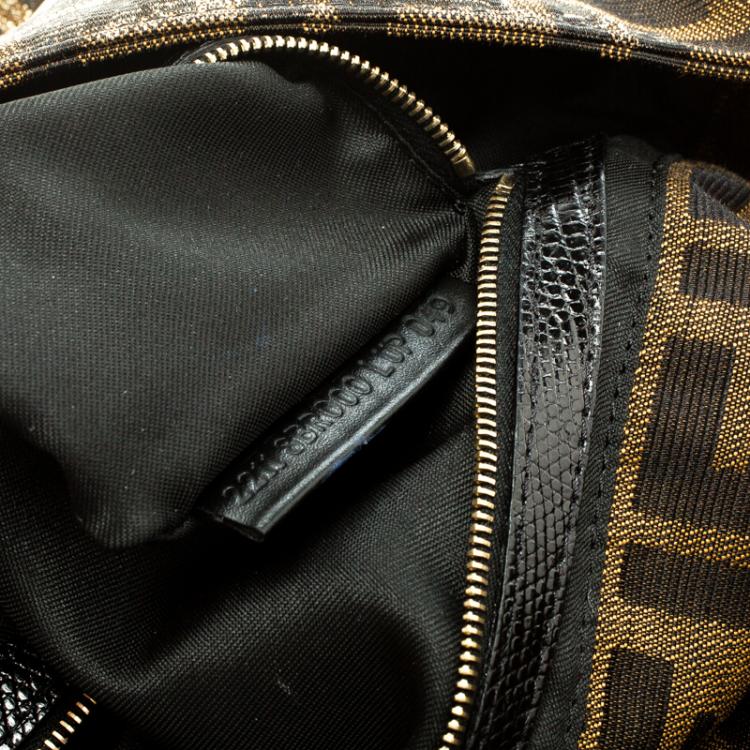 Pre Owned Fendi Tobacco/Black Zucca Canvas and Lizard Trim Baguette Shoulder Bag