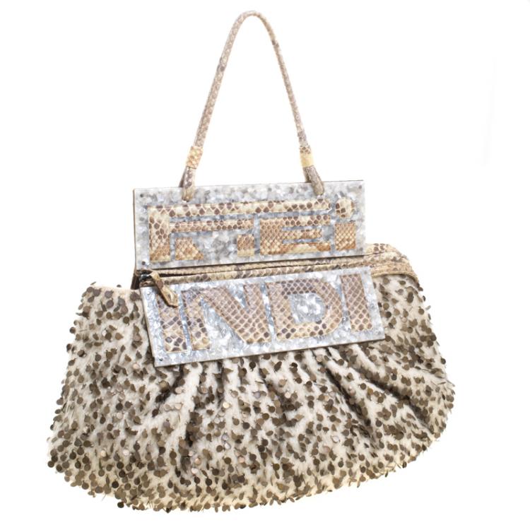 Pre Owned Fendi Cream/Beige Tweed/Sequin and Python To You Convertible Clutch Bag