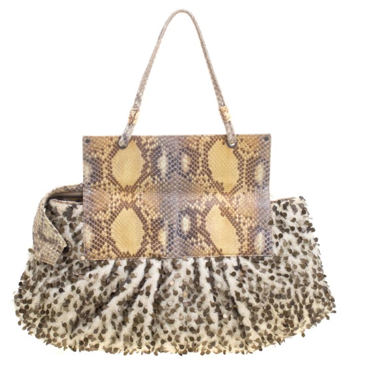 Pre Owned Fendi Cream/Beige Tweed/Sequin and Python To You Convertible Clutch Bag