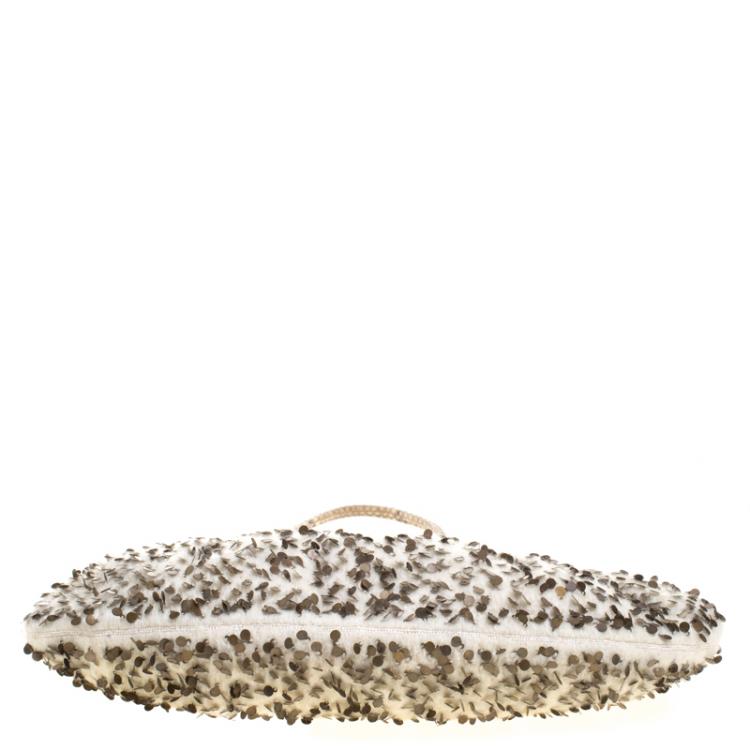Pre Owned Fendi Cream/Beige Tweed/Sequin and Python To You Convertible Clutch Bag