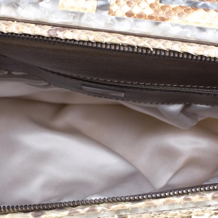 Pre Owned Fendi Cream/Beige Tweed/Sequin and Python To You Convertible Clutch Bag