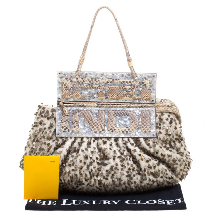 Pre Owned Fendi Cream/Beige Tweed/Sequin and Python To You Convertible Clutch Bag