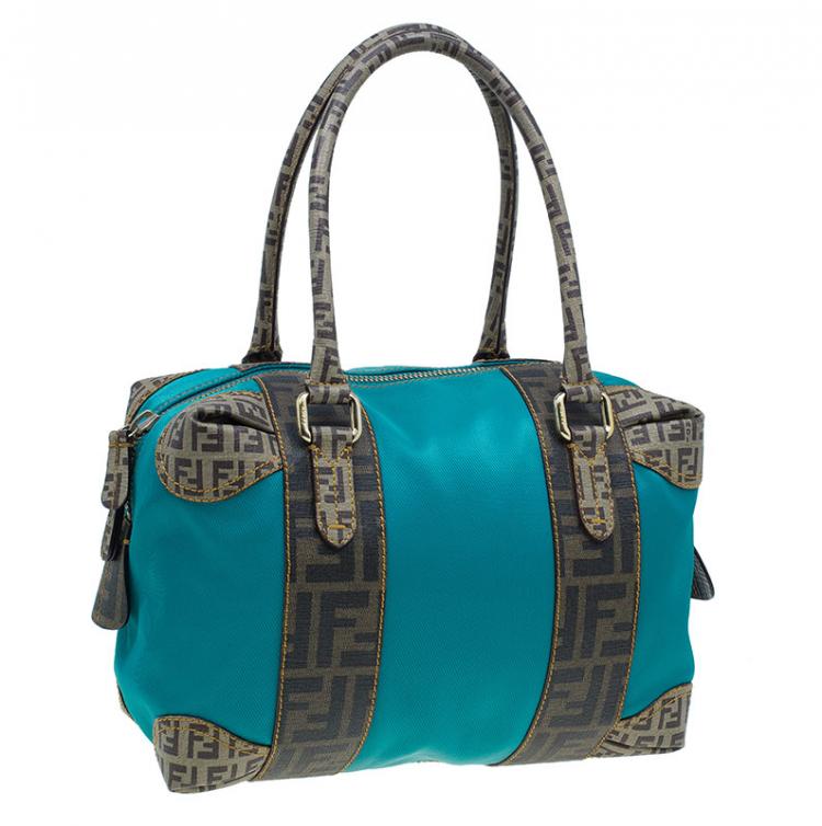 Pre Owned Fendi Blue Zucca Coated Canvas Mixed Media  Boston Bag