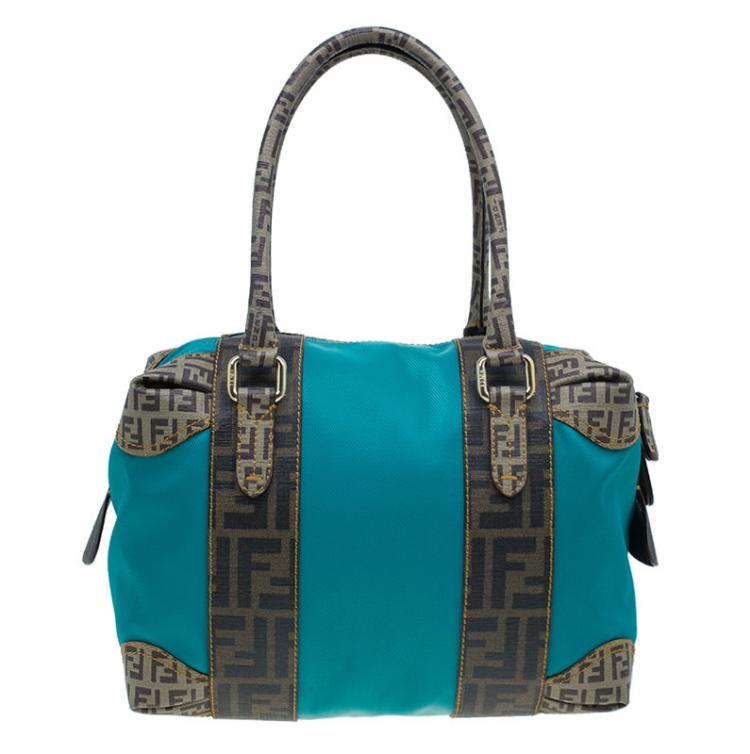 Pre Owned Fendi Blue Zucca Coated Canvas Mixed Media  Boston Bag