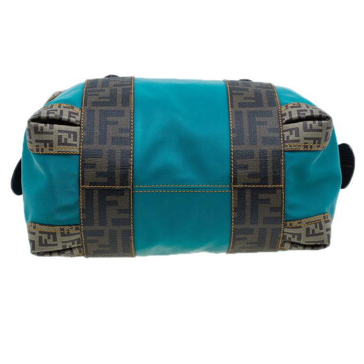 Pre Owned Fendi Blue Zucca Coated Canvas Mixed Media  Boston Bag