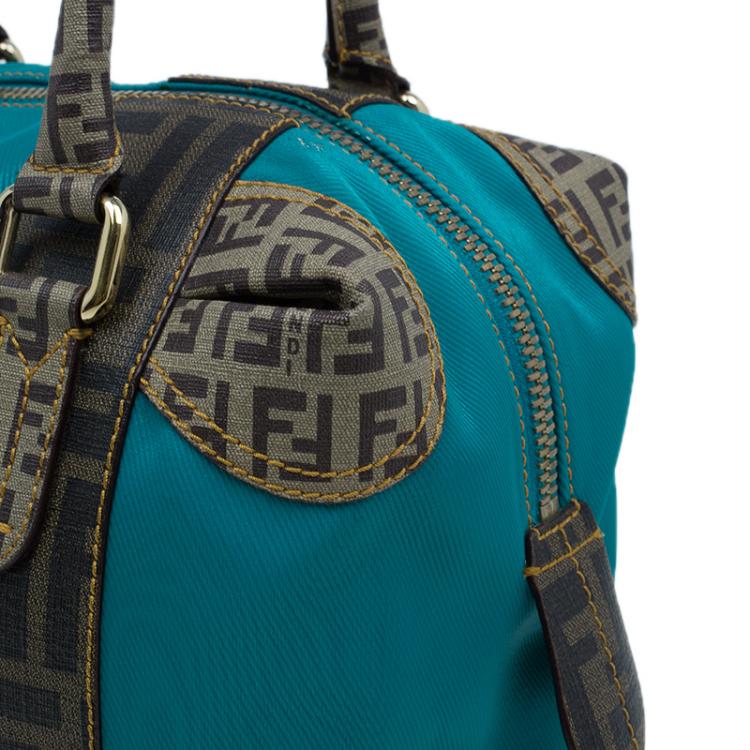 Pre Owned Fendi Blue Zucca Coated Canvas Mixed Media  Boston Bag