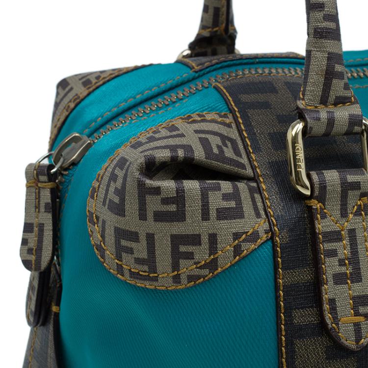 Pre Owned Fendi Blue Zucca Coated Canvas Mixed Media  Boston Bag