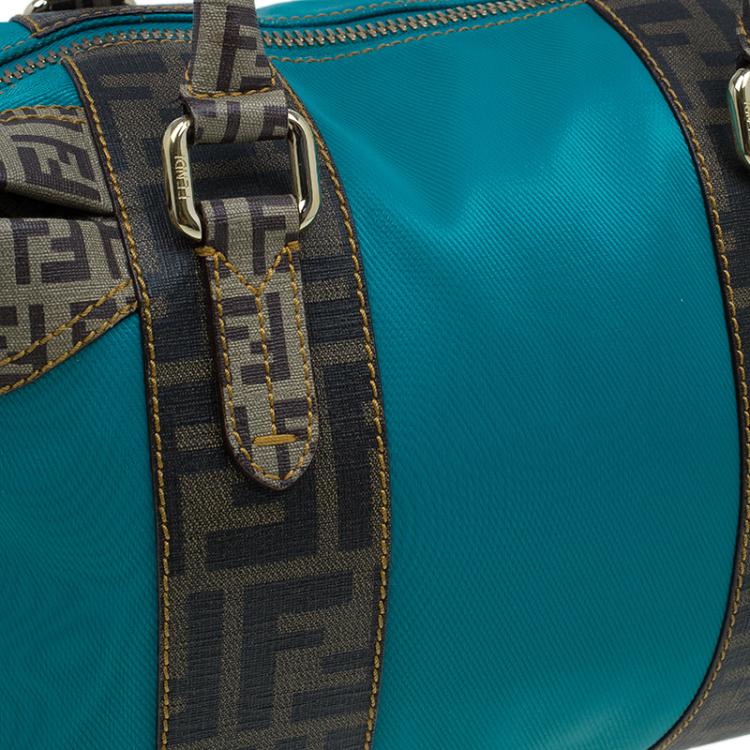 Pre Owned Fendi Blue Zucca Coated Canvas Mixed Media  Boston Bag