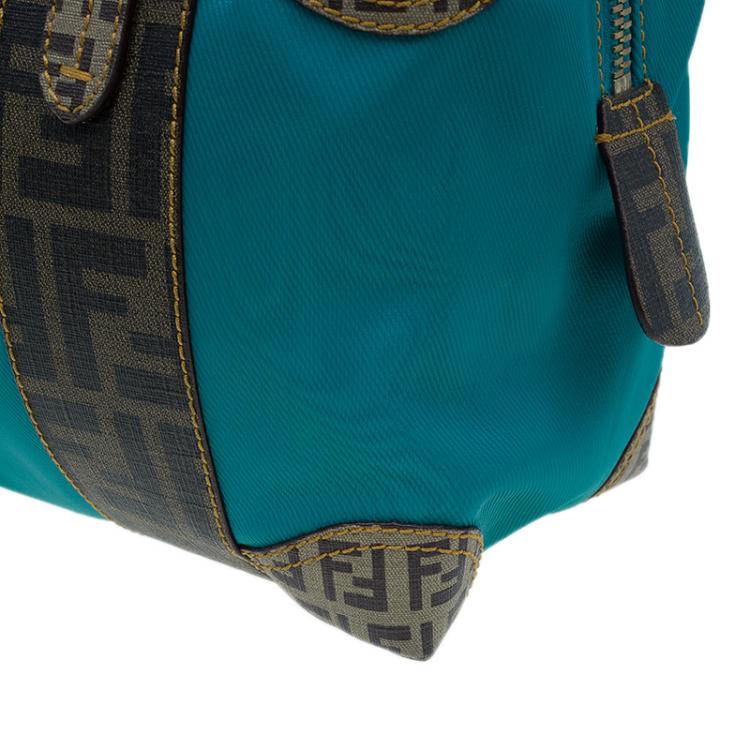Pre Owned Fendi Blue Zucca Coated Canvas Mixed Media  Boston Bag