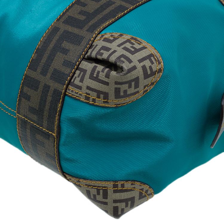 Pre Owned Fendi Blue Zucca Coated Canvas Mixed Media  Boston Bag