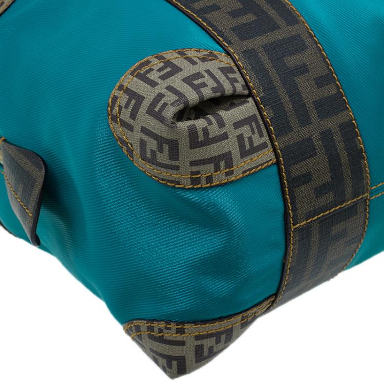 Pre Owned Fendi Blue Zucca Coated Canvas Mixed Media  Boston Bag