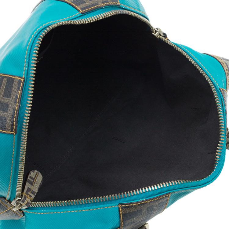 Pre Owned Fendi Blue Zucca Coated Canvas Mixed Media  Boston Bag