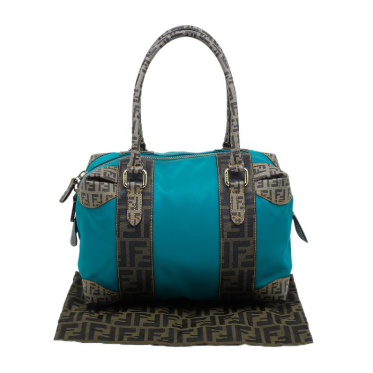 Pre Owned Fendi Blue Zucca Coated Canvas Mixed Media  Boston Bag