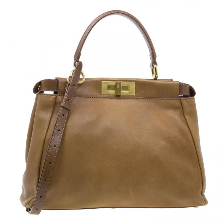 Pre Owned Fendi Tan Leather Small Peekaboo Tote