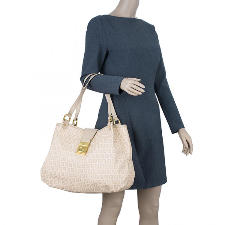 Pre Owned Fendi Beige Coated Canvas Medium Forever Zucca Printed Hobo Bag