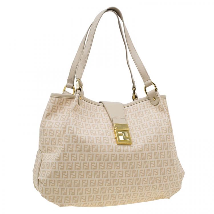 Pre Owned Fendi Beige Coated Canvas Medium Forever Zucca Printed Hobo Bag