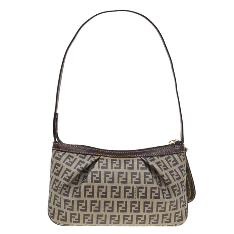 Pre Owned Fendi Zucchino Coated Canvas Baguette Small Shoulder bag