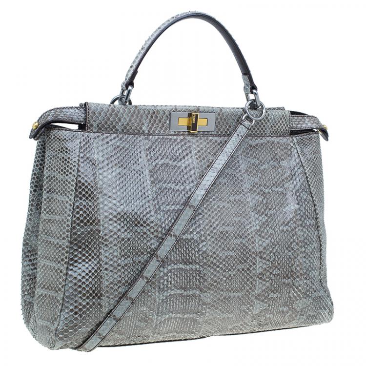 Pre Owned Fendi Grey Python Leather Large Peekaboo Bag