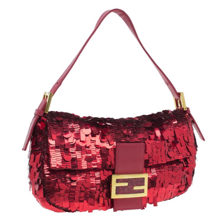 Pre Owned Fendi Red Sequin Baguette Shoulder Bag