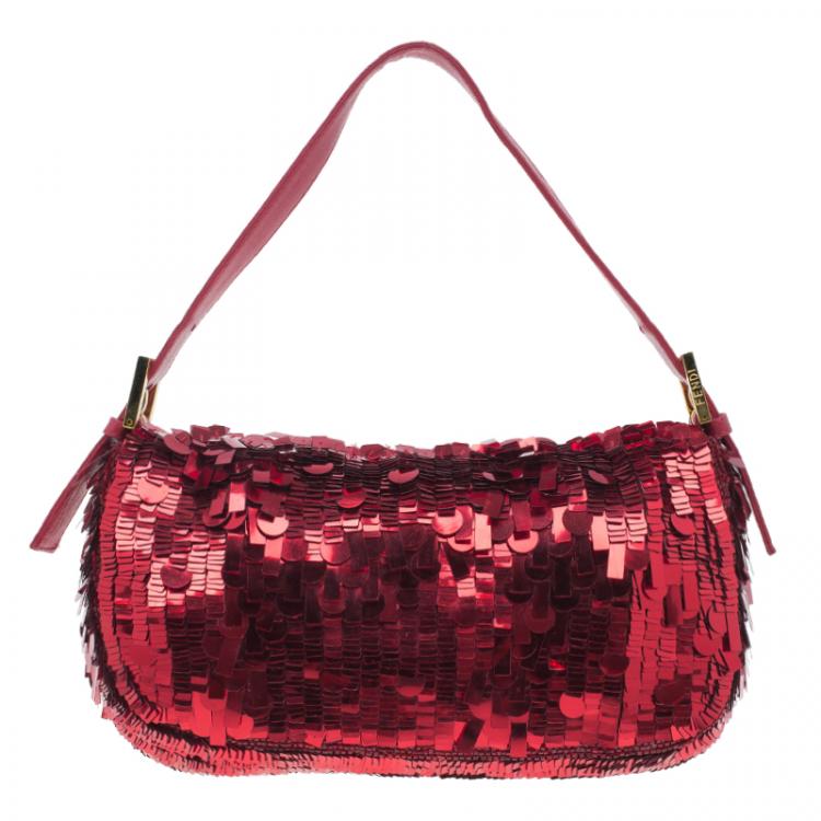 Pre Owned Fendi Red Sequin Baguette Shoulder Bag