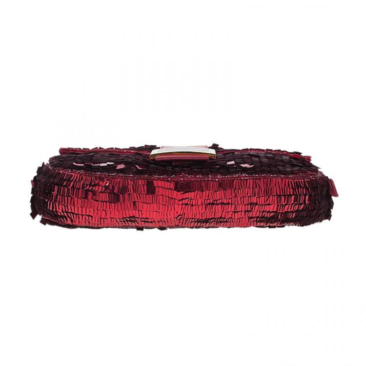 Pre Owned Fendi Red Sequin Baguette Shoulder Bag