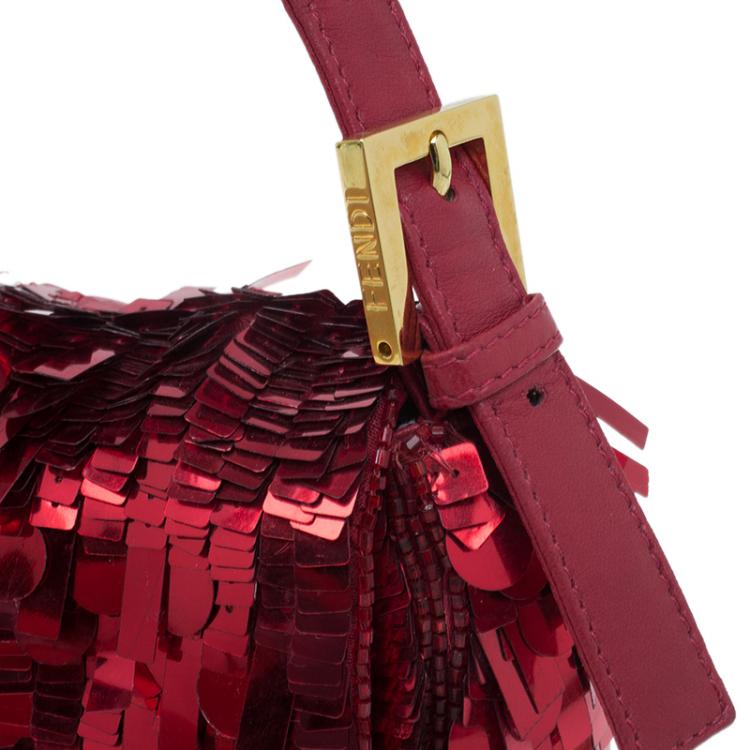 Pre Owned Fendi Red Sequin Baguette Shoulder Bag