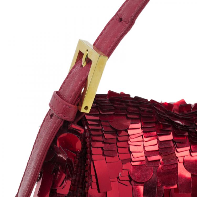 Pre Owned Fendi Red Sequin Baguette Shoulder Bag