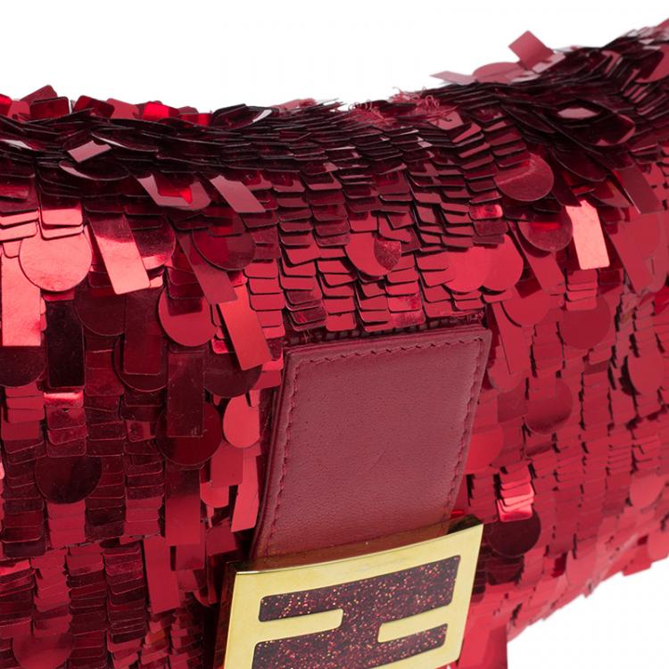 Pre Owned Fendi Red Sequin Baguette Shoulder Bag