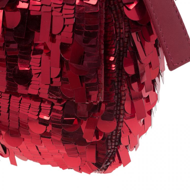 Pre Owned Fendi Red Sequin Baguette Shoulder Bag