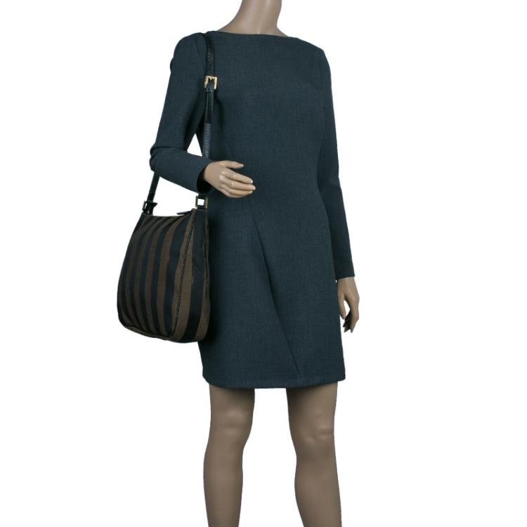 Pre Owned Fendi Black Brown Pequin Canvas Shoulder Bag
