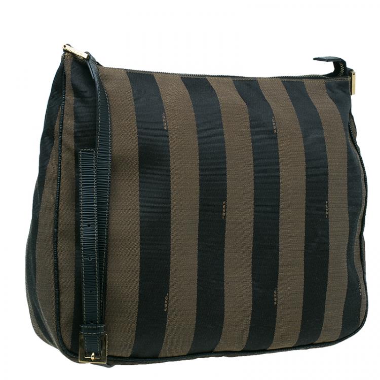 Pre Owned Fendi Black Brown Pequin Canvas Shoulder Bag