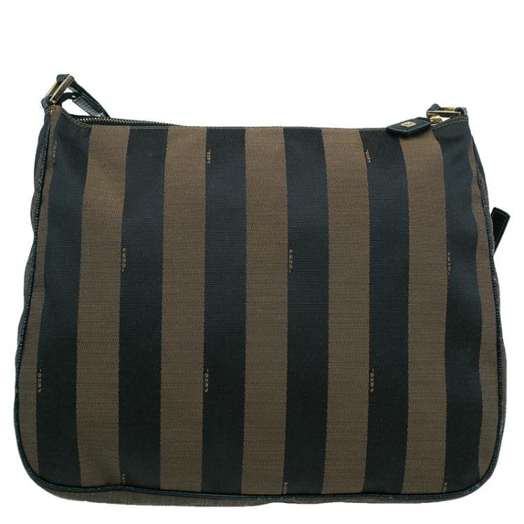 Pre Owned Fendi Black Brown Pequin Canvas Shoulder Bag