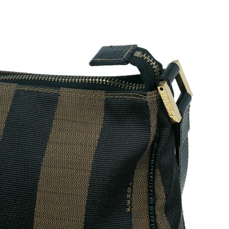 Pre Owned Fendi Black Brown Pequin Canvas Shoulder Bag