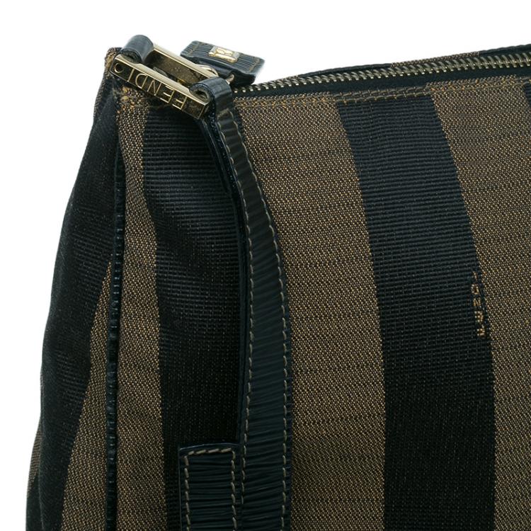 Pre Owned Fendi Black Brown Pequin Canvas Shoulder Bag