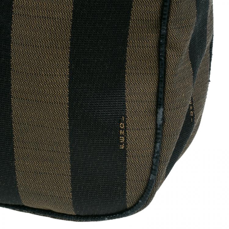 Pre Owned Fendi Black Brown Pequin Canvas Shoulder Bag