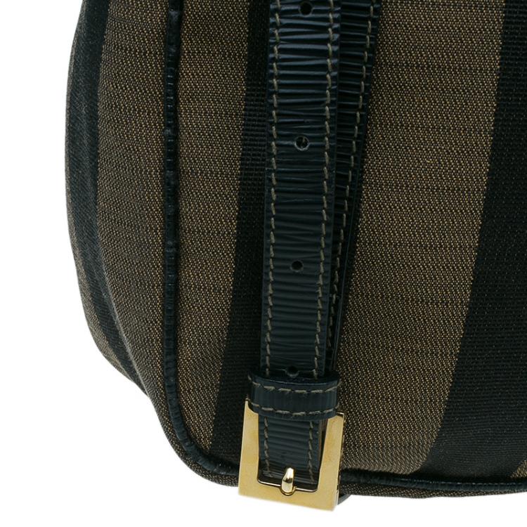 Pre Owned Fendi Black Brown Pequin Canvas Shoulder Bag