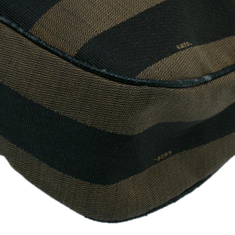 Pre Owned Fendi Black Brown Pequin Canvas Shoulder Bag