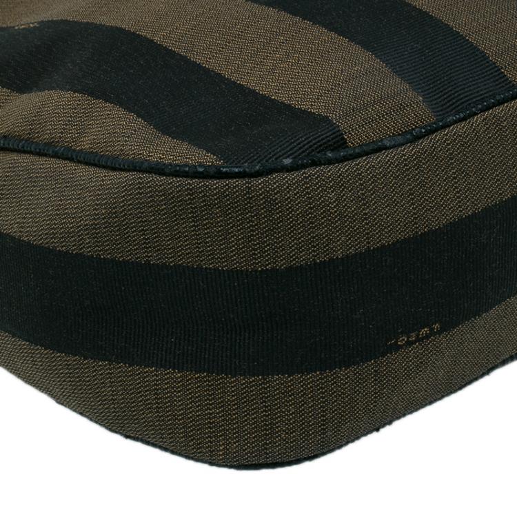Pre Owned Fendi Black Brown Pequin Canvas Shoulder Bag