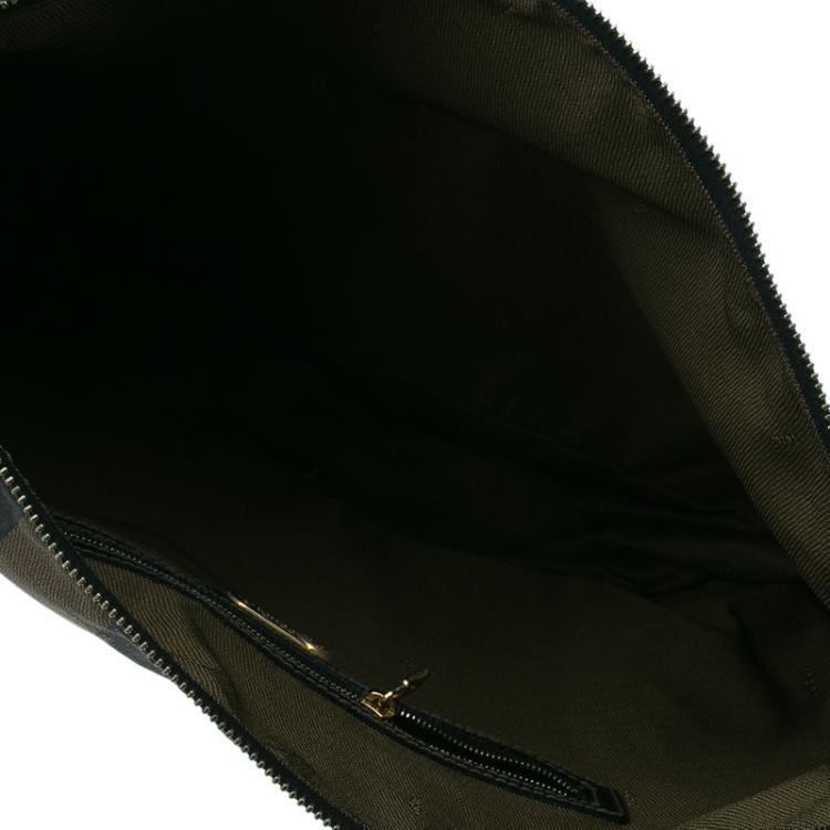 Pre Owned Fendi Black Brown Pequin Canvas Shoulder Bag