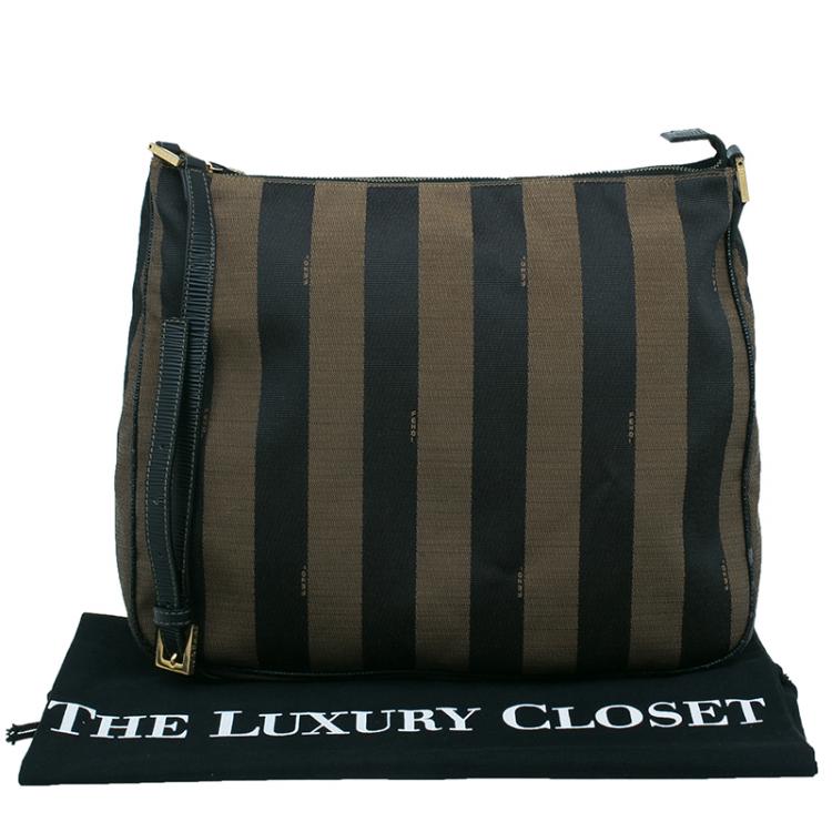 Pre Owned Fendi Black Brown Pequin Canvas Shoulder Bag