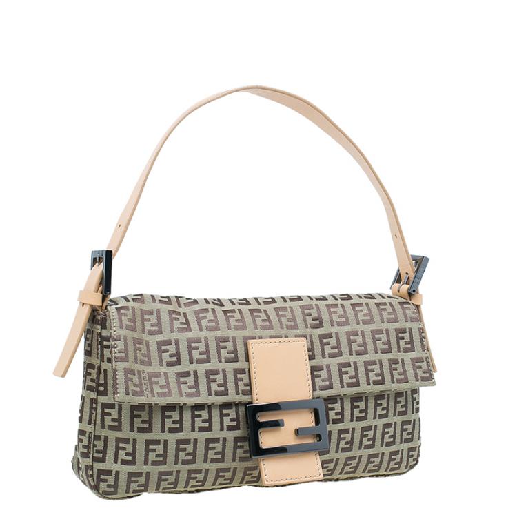 Pre Owned Fendi Beige and brown Zucchino Baguette Shoulder Bag