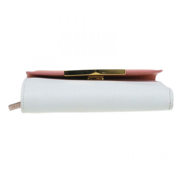 Pre Owned Fendi Peach and White Leather '2Jours' Small Envelope Wallet