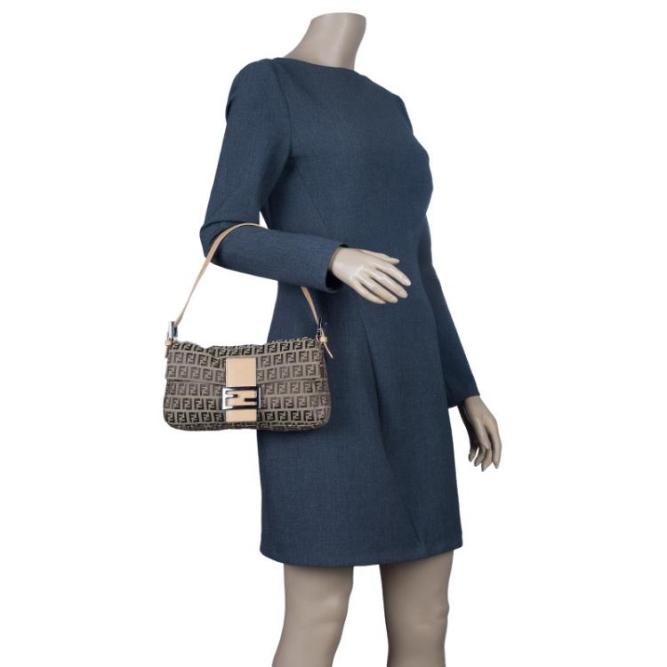 Pre Owned Fendi Beige and Brown Zucchino Baguette Shoulder Bag