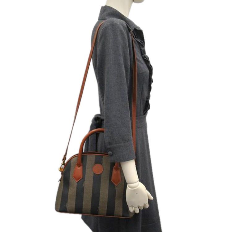 Pre Owned Fendi Tobacco Pequin Stripe Canvas Small Tote with Shoulder Strap