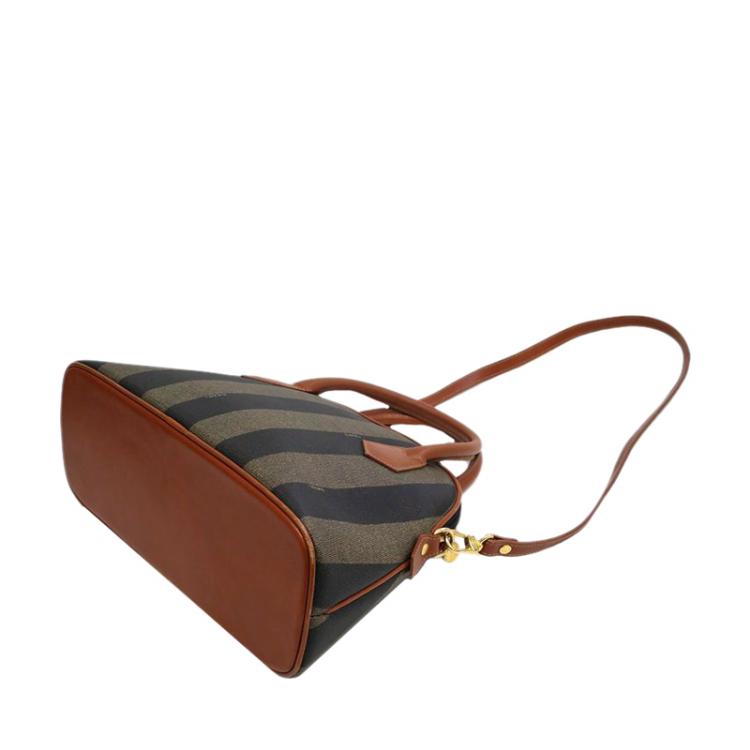 Pre Owned Fendi Tobacco Pequin Stripe Canvas Small Tote with Shoulder Strap
