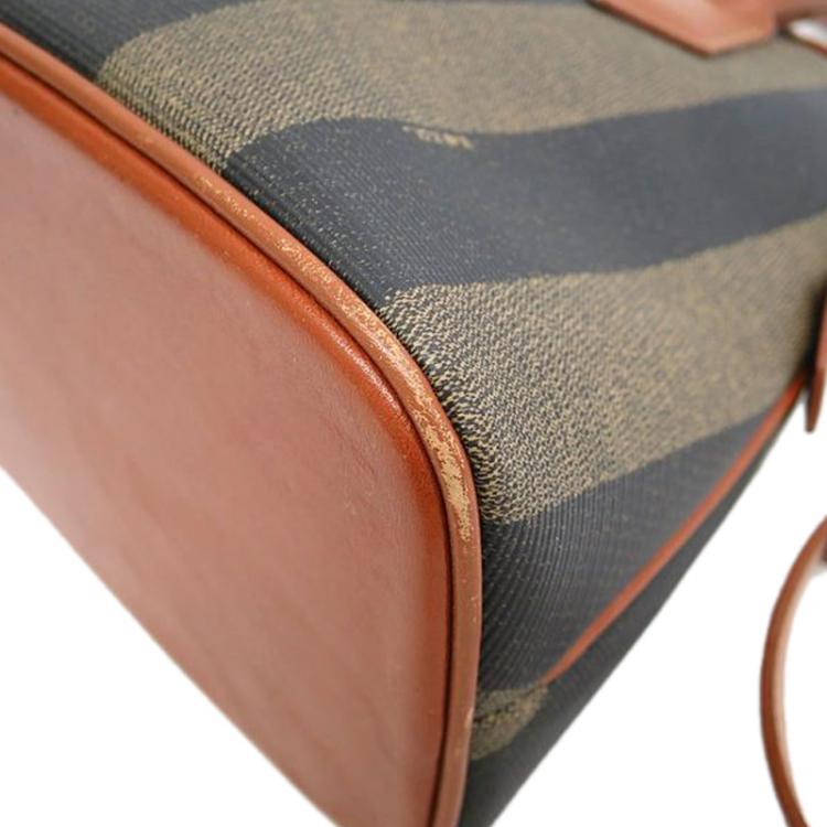 Pre Owned Fendi Tobacco Pequin Stripe Canvas Small Tote with Shoulder Strap