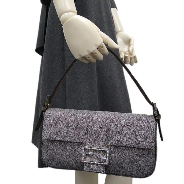 Pre Owned Fendi Black and White Rhinestone Print Canvas Mini Mama Shoulder Bag